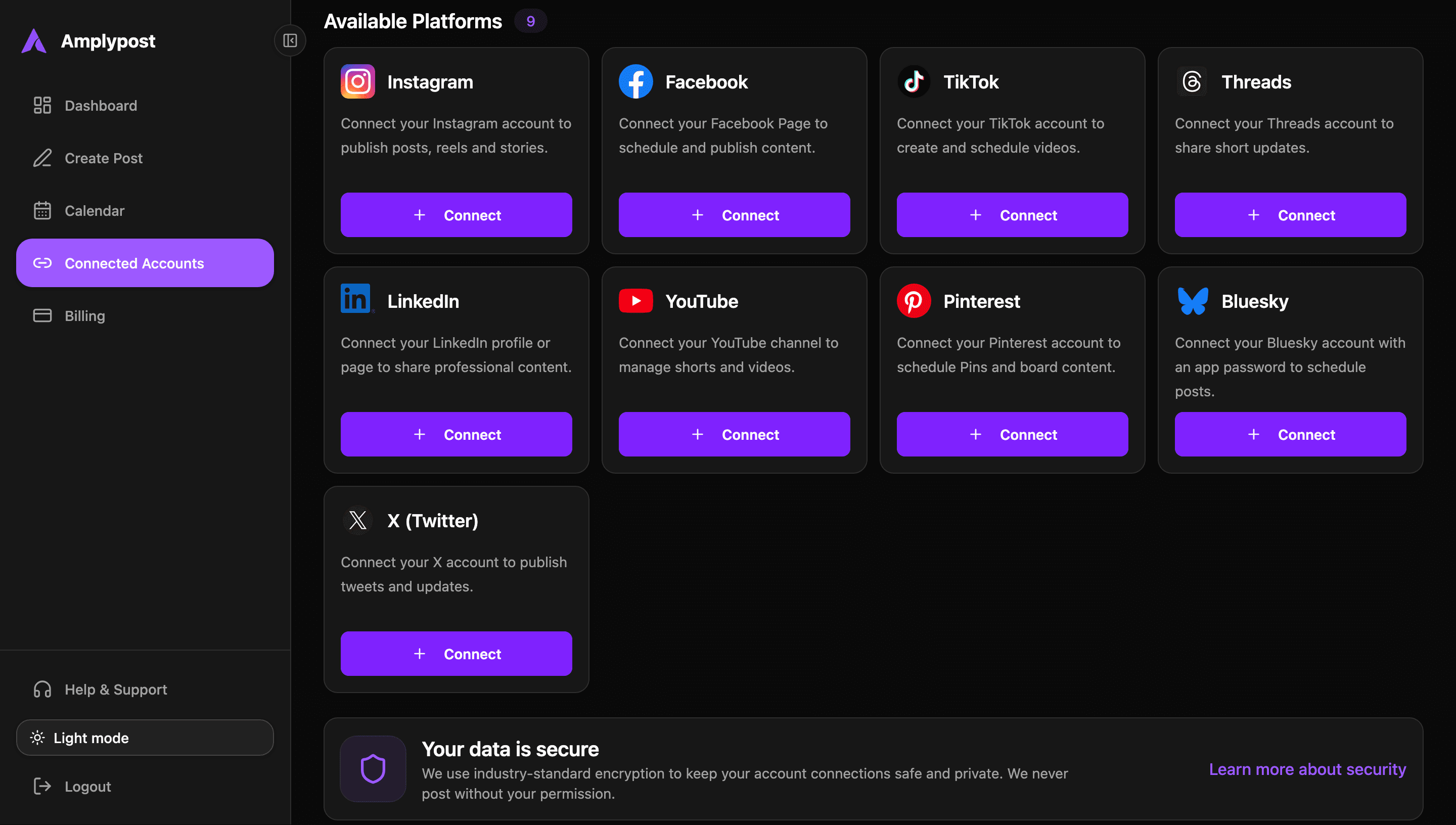 Amplypost connected accounts screen for agency social media management